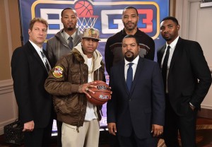 Allen Iverson, Ice Cube, Jeff Kwatinetz, Roger Mason, Jr., Kenyon Martin, and Rashard Lewis all posing for a picture at the launch of their new league.